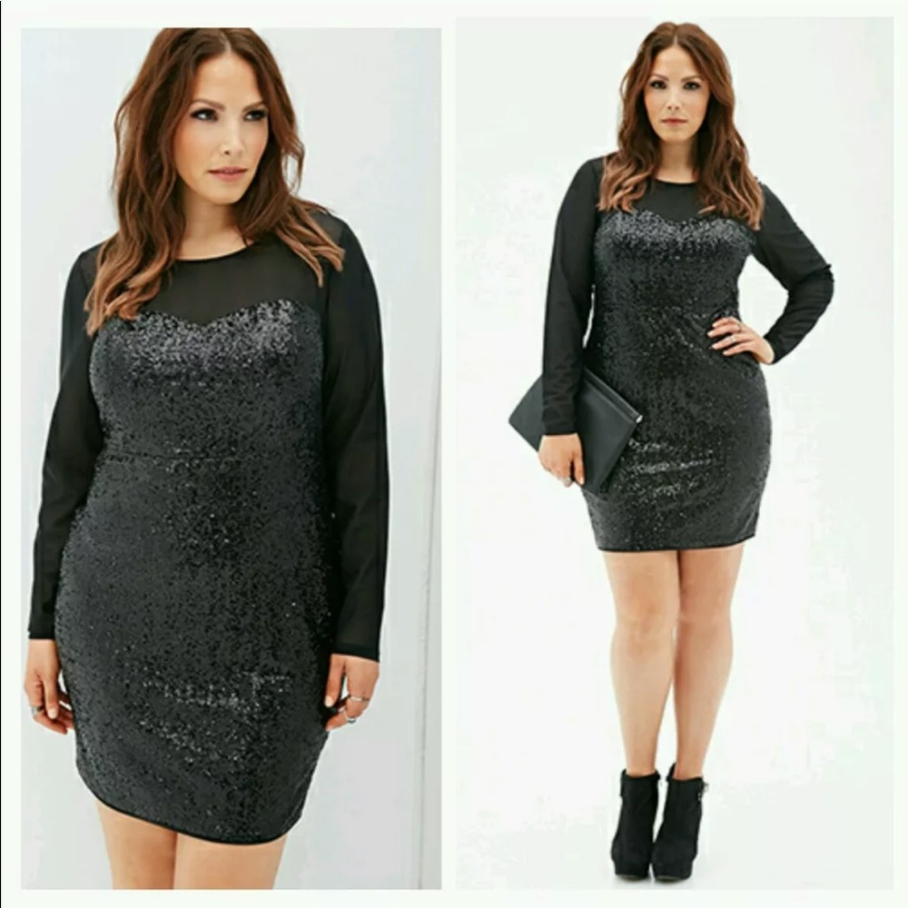 Black sequin and mesh long sleeve black plus size dress 1X